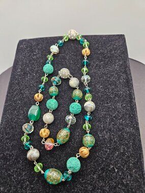 Vintage Green Gemstone & Crystal Bead Necklace & Bracelet Set 16" / 7" Boho